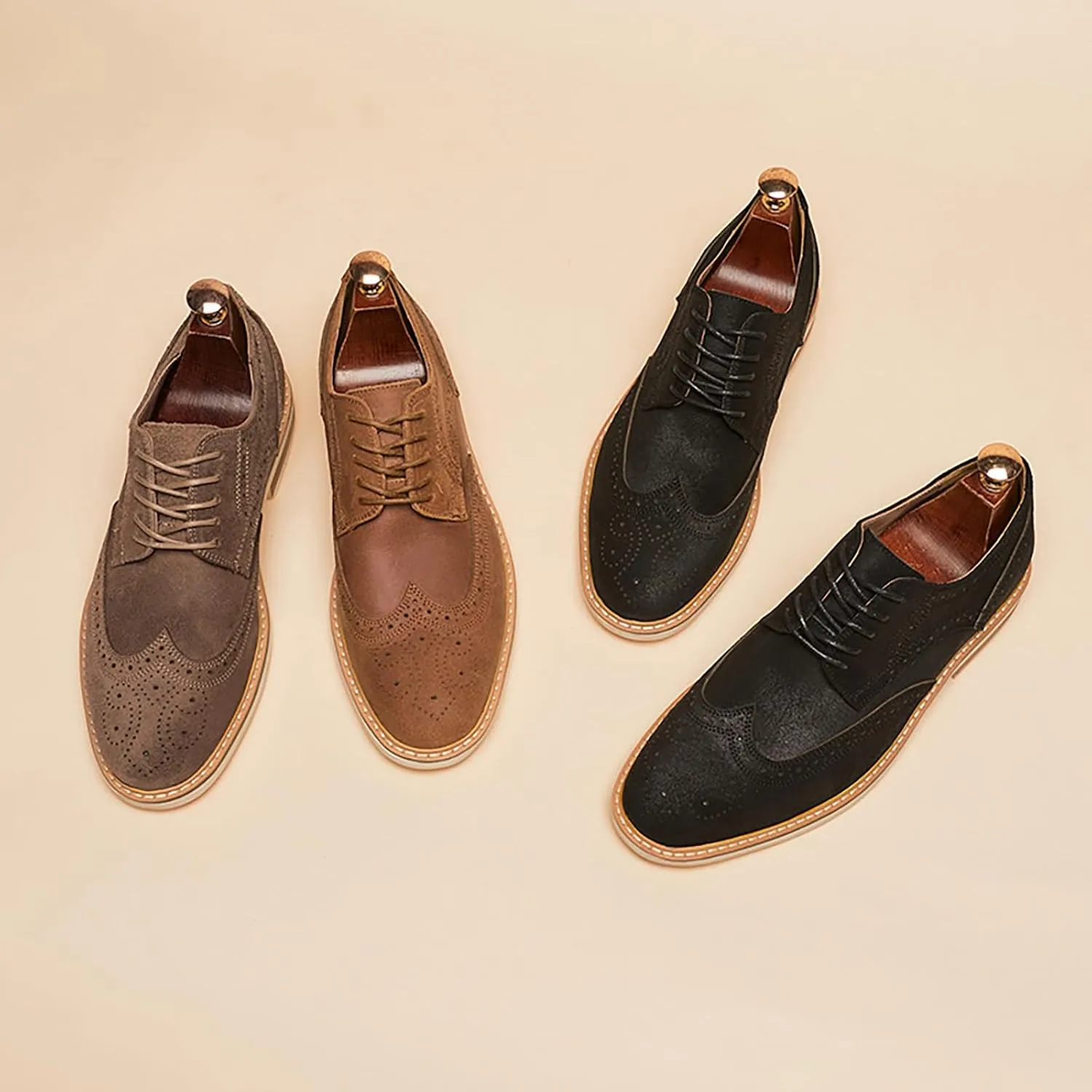 Men's Suede lace-up Brogue Wingtip Oxford Shoes Fashion Pointed Toe Classic Business Oxfords Shoes Wedding Business Dress Leather Shoes