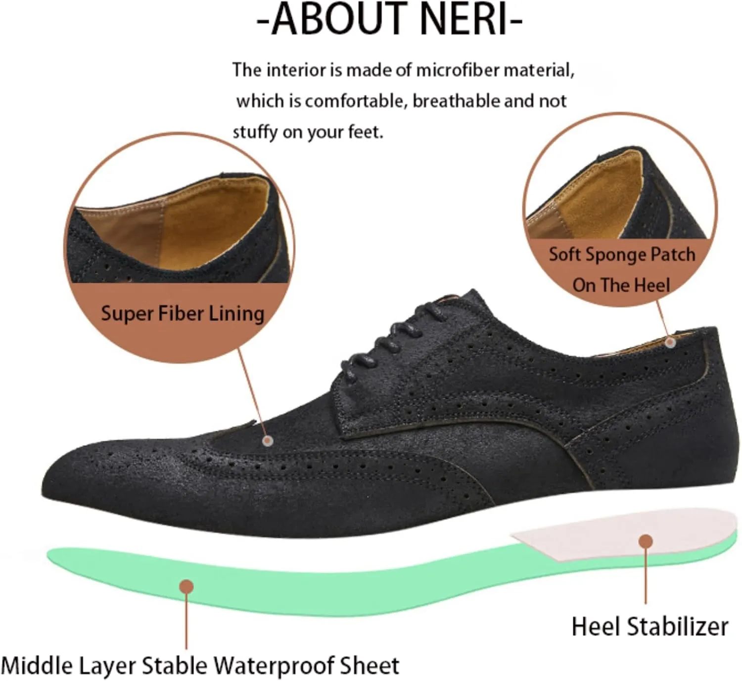 Men's Suede lace-up Brogue Wingtip Oxford Shoes Fashion Pointed Toe Classic Business Oxfords Shoes Wedding Business Dress Leather Shoes