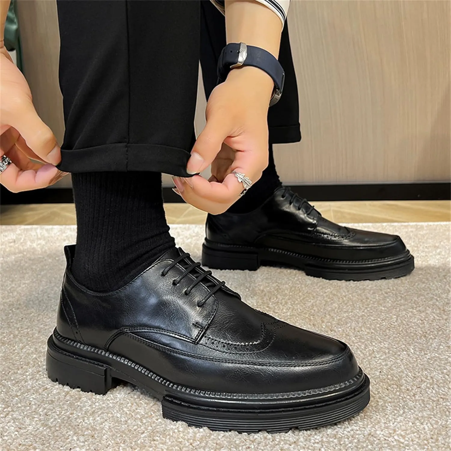 Men's Trendy Brogue Wingtip Dress Shoes Formal Business Casual Lace Up Punched Leather Oxford
