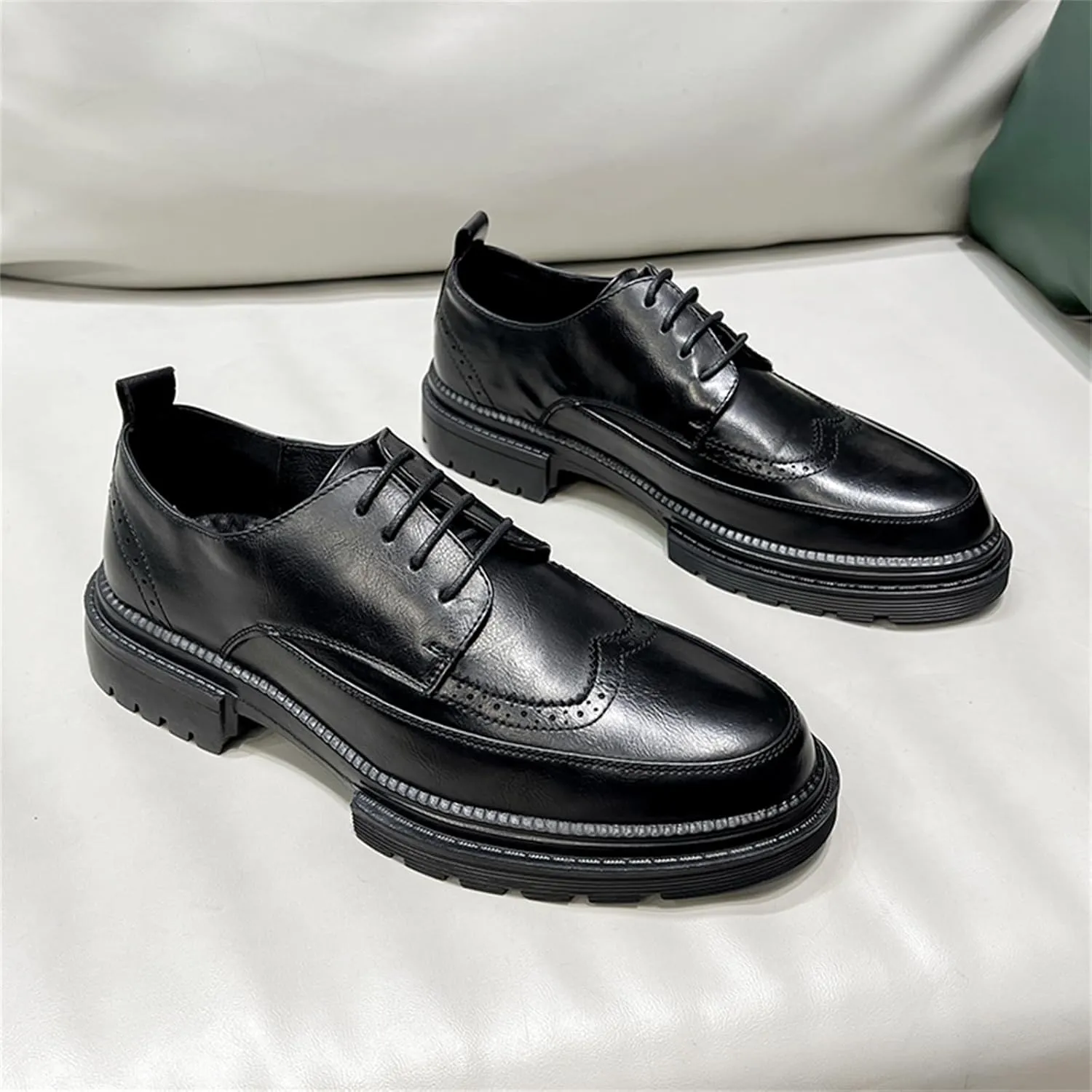 Men's Trendy Brogue Wingtip Dress Shoes Formal Business Casual Lace Up Punched Leather Oxford