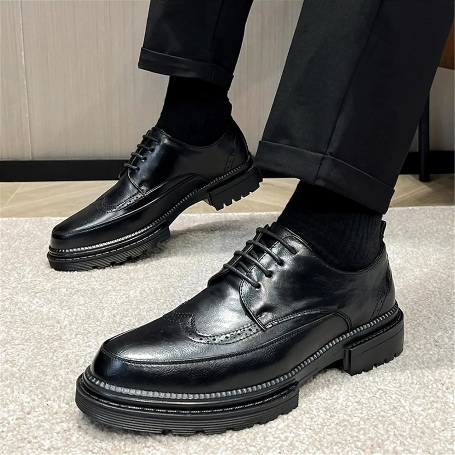 Men's Trendy Brogue Wingtip Dress Shoes Formal Business Casual Lace Up Punched Leather Oxford