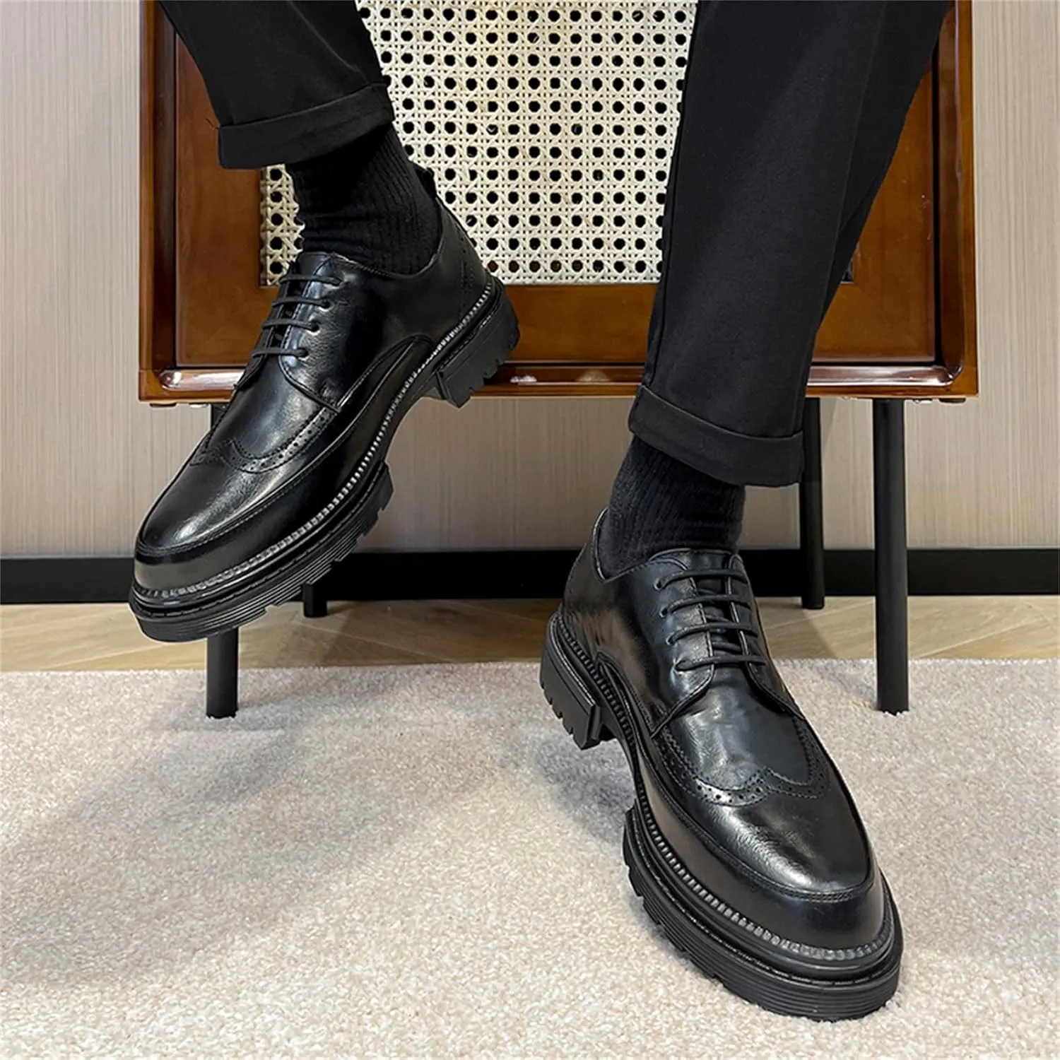 Men's Trendy Brogue Wingtip Dress Shoes Formal Business Casual Lace Up Punched Leather Oxford