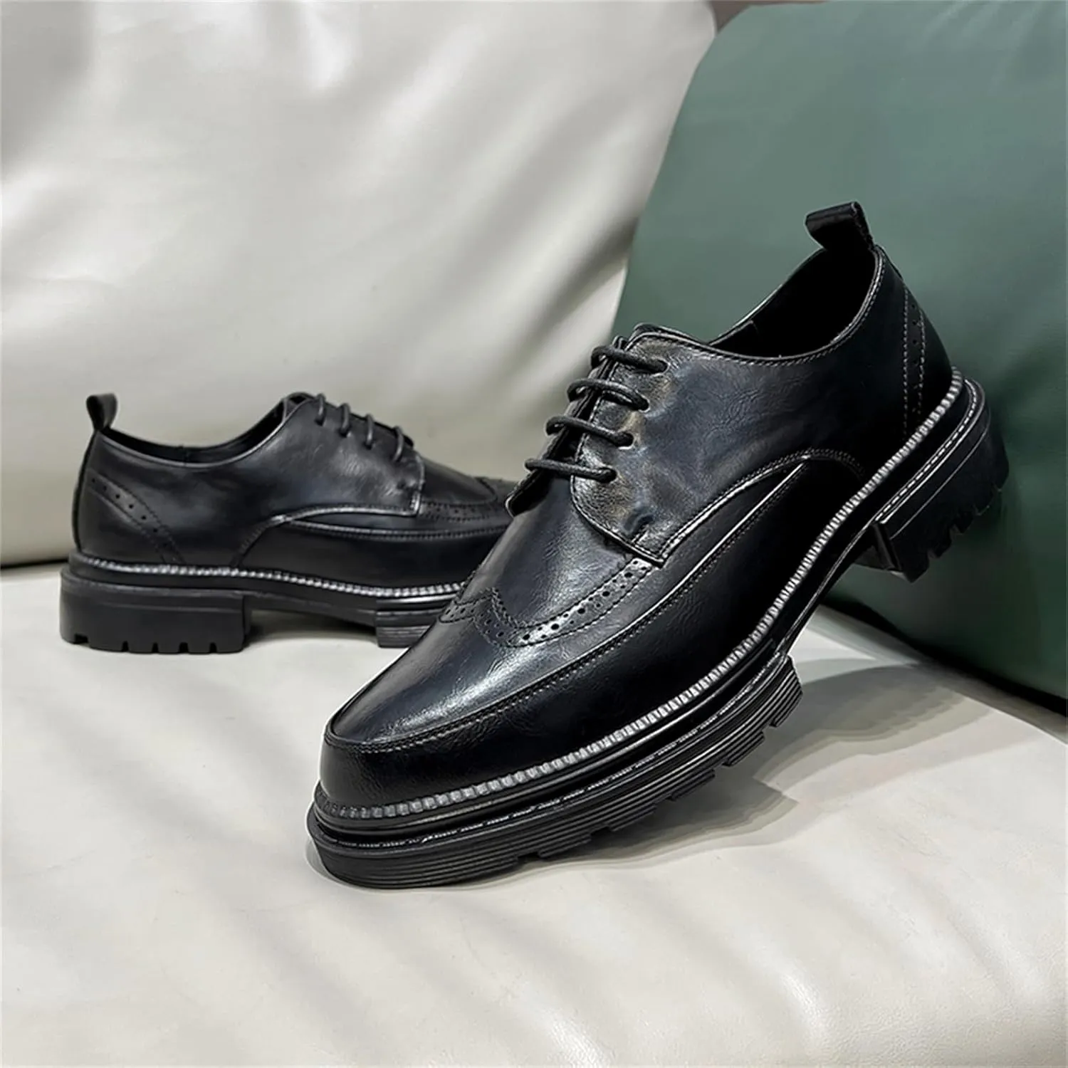 Men's Trendy Brogue Wingtip Dress Shoes Formal Business Casual Lace Up Punched Leather Oxford