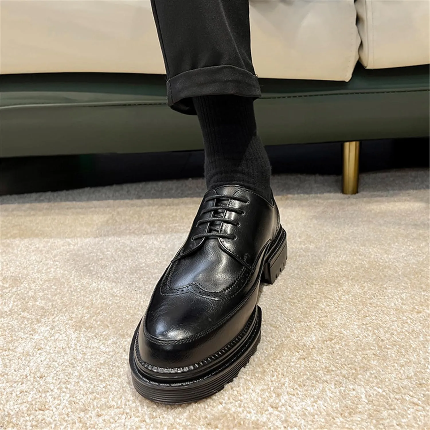 Men's Trendy Brogue Wingtip Dress Shoes Formal Business Casual Lace Up Punched Leather Oxford