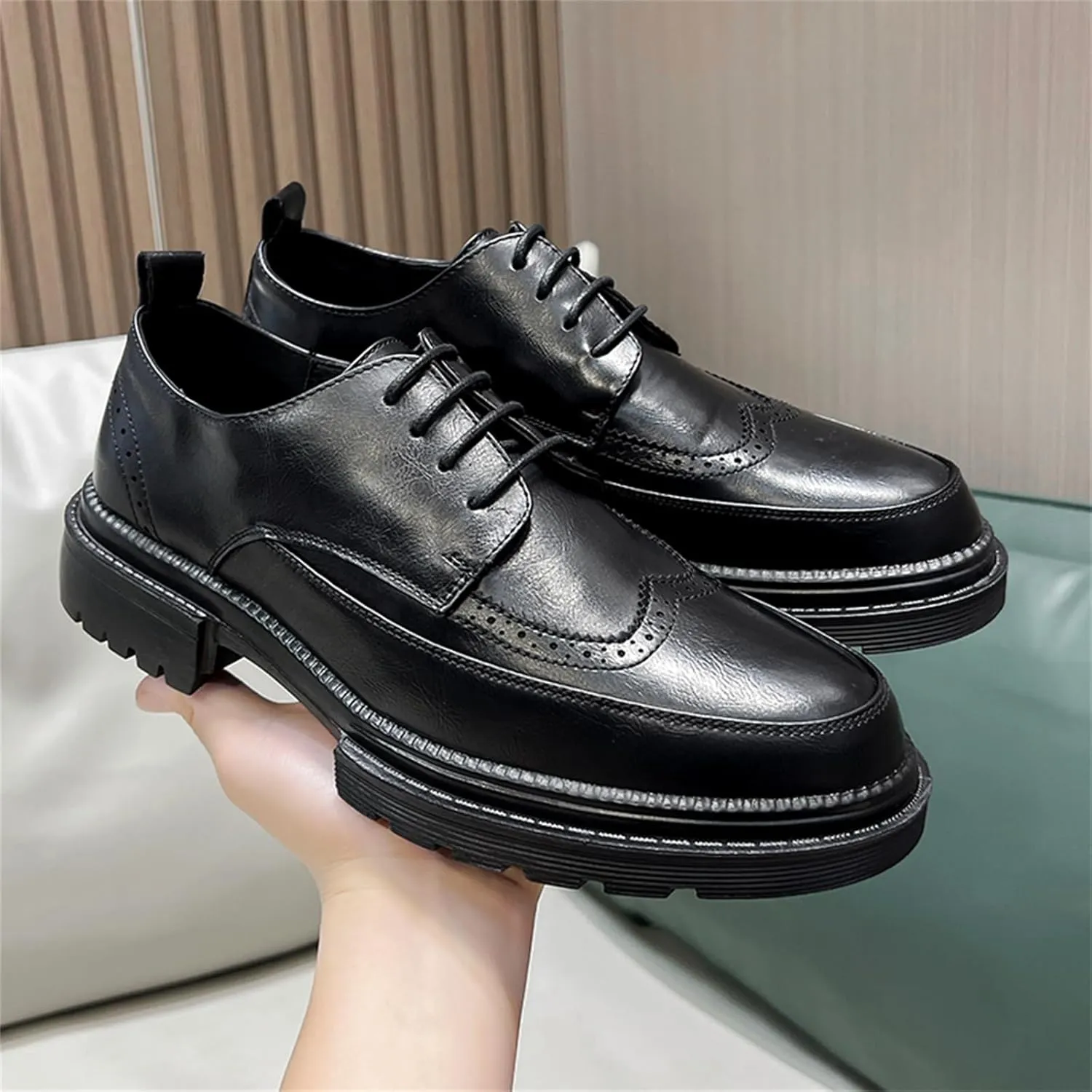 Men's Trendy Brogue Wingtip Dress Shoes Formal Business Casual Lace Up Punched Leather Oxford