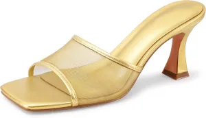 Mesh Mule Heels for Women Kitten Heel Sandals Open Square Toe Heeled Sandals Slip On Mules