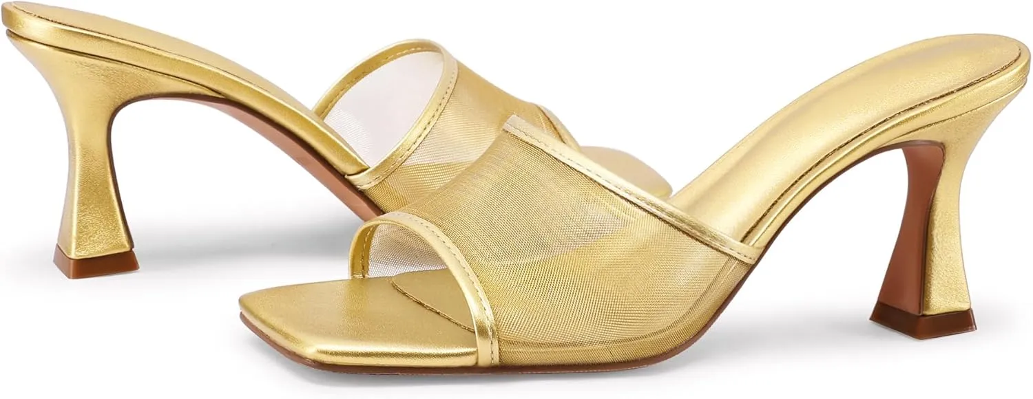 Mesh Mule Heels for Women Kitten Heel Sandals Open Square Toe Heeled Sandals Slip On Mules