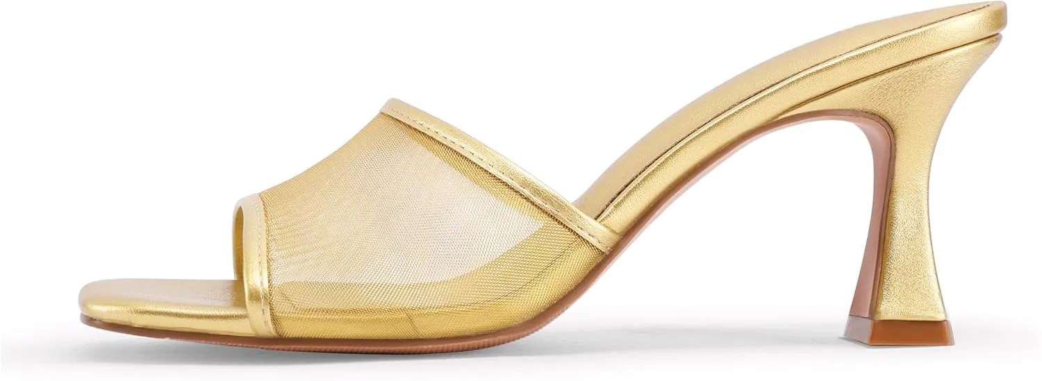 Mesh Mule Heels for Women Kitten Heel Sandals Open Square Toe Heeled Sandals Slip On Mules