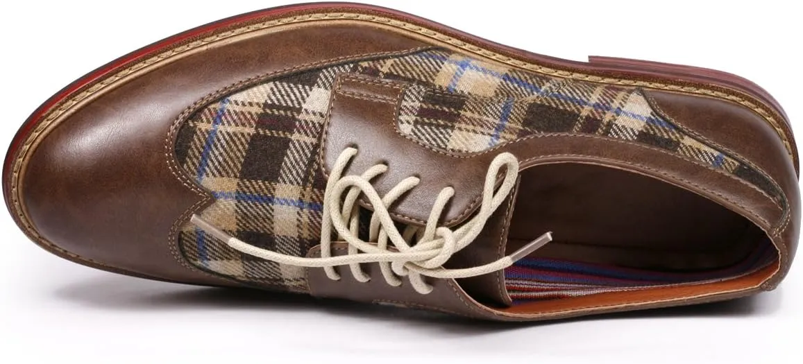 Metrocharm MET525-1 Men's Plaid Lace Up Wing Tip Classic Oxford Dress Shoes