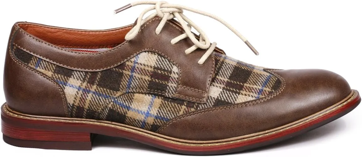 Metrocharm MET525-1 Men's Plaid Lace Up Wing Tip Classic Oxford Dress Shoes
