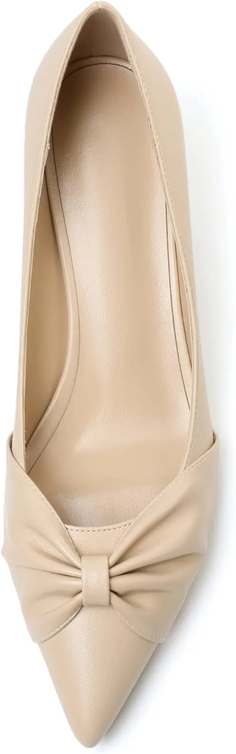 Mettesally Womens Kitten Heel Pumps Pointed Toe Mid Heels Bow Tie Comfort Slip On Heeled Shoes for Wedding Party Office