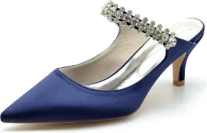 Minishion Womens Formal Shoes for Wedding Low Heel Pointed Toe Party Prom Pumps Mule with Rhinestones BR039