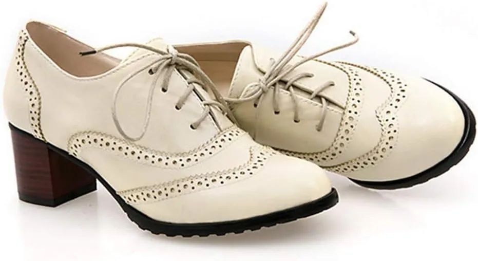 MIOKE Women's Block Heel Pump Oxfords Brogues Wingtip Perforated Lace Up Chunky Mid Vintage Dress Shoes