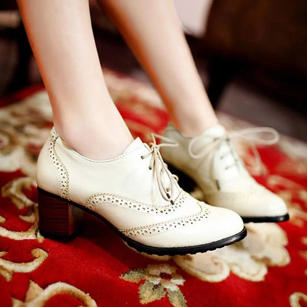 MIOKE Women's Block Heel Pump Oxfords Brogues Wingtip Perforated Lace Up Chunky Mid Vintage Dress Shoes