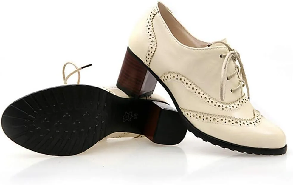 MIOKE Women's Block Heel Pump Oxfords Brogues Wingtip Perforated Lace Up Chunky Mid Vintage Dress Shoes