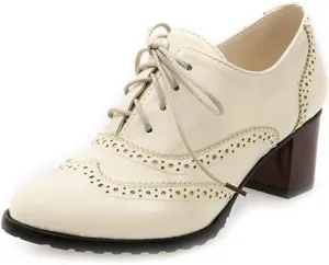 MIOKE Women's Block Heel Pump Oxfords Brogues Wingtip Perforated Lace Up Chunky Mid Vintage Dress Shoes