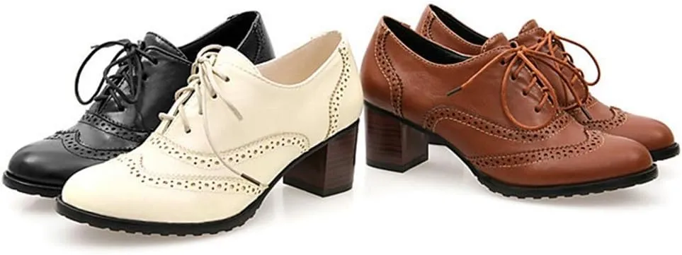 MIOKE Women's Block Heel Pump Oxfords Brogues Wingtip Perforated Lace Up Chunky Mid Vintage Dress Shoes