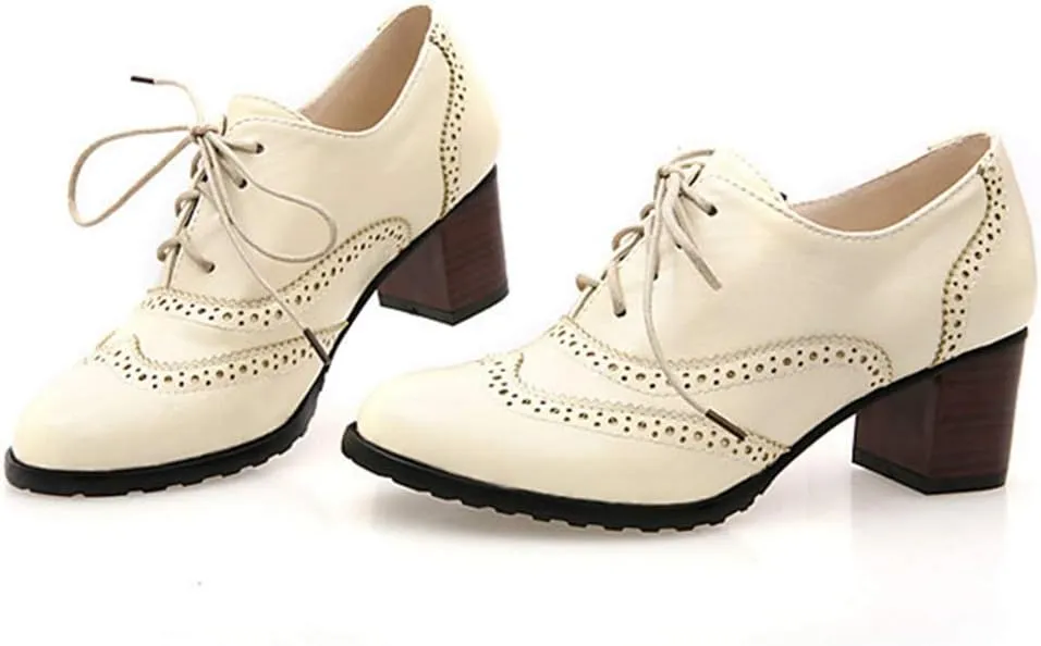 MIOKE Women's Block Heel Pump Oxfords Brogues Wingtip Perforated Lace Up Chunky Mid Vintage Dress Shoes