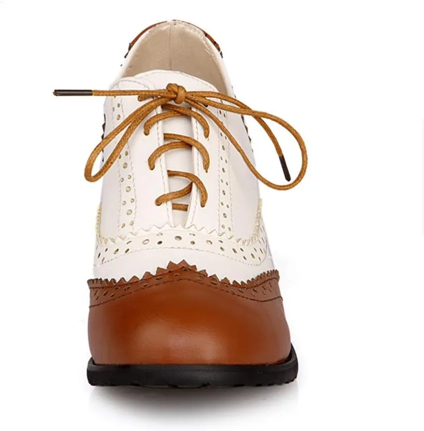 MIOKE Women's Block Mid Heel Wingtip Oxfords Pumps Two Tone Perforated Lace Up Vintage Brogues Dress Shoes