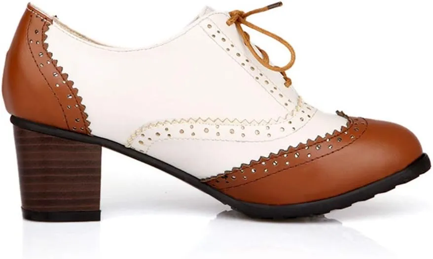 MIOKE Women's Block Mid Heel Wingtip Oxfords Pumps Two Tone Perforated Lace Up Vintage Brogues Dress Shoes