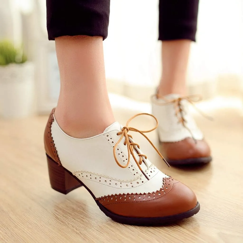 MIOKE Women's Block Mid Heel Wingtip Oxfords Pumps Two Tone Perforated Lace Up Vintage Brogues Dress Shoes
