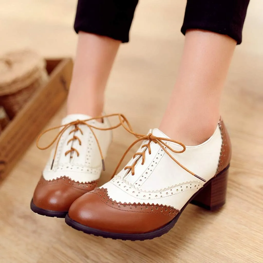 MIOKE Women's Block Mid Heel Wingtip Oxfords Pumps Two Tone Perforated Lace Up Vintage Brogues Dress Shoes
