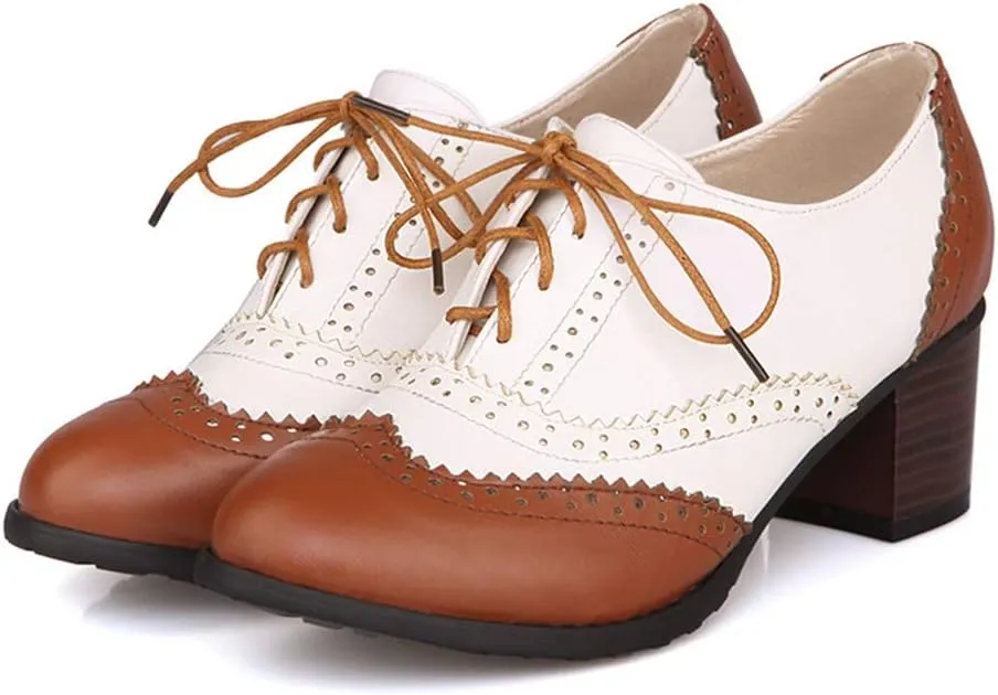 MIOKE Women's Block Mid Heel Wingtip Oxfords Pumps Two Tone Perforated Lace Up Vintage Brogues Dress Shoes