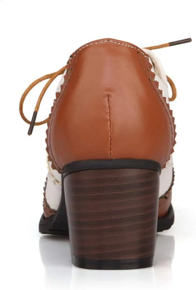 MIOKE Women's Block Mid Heel Wingtip Oxfords Pumps Two Tone Perforated Lace Up Vintage Brogues Dress Shoes