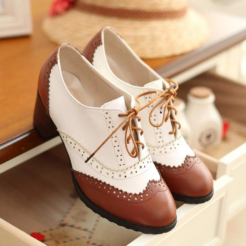 MIOKE Women's Block Mid Heel Wingtip Oxfords Pumps Two Tone Perforated Lace Up Vintage Brogues Dress Shoes