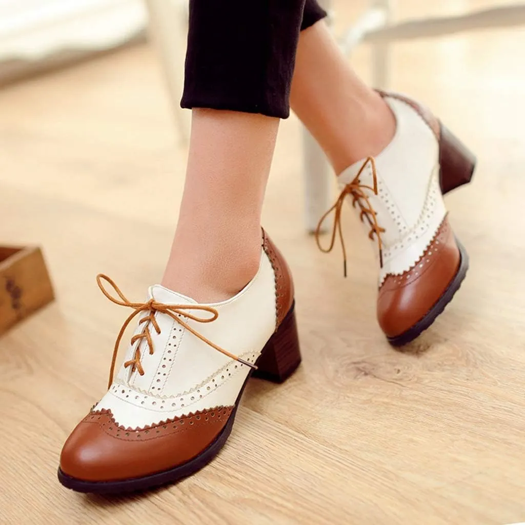 MIOKE Women's Block Mid Heel Wingtip Oxfords Pumps Two Tone Perforated Lace Up Vintage Brogues Dress Shoes