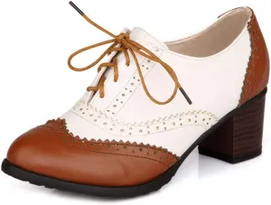 MIOKE Women's Block Mid Heel Wingtip Oxfords Pumps Two Tone Perforated Lace Up Vintage Brogues Dress Shoes