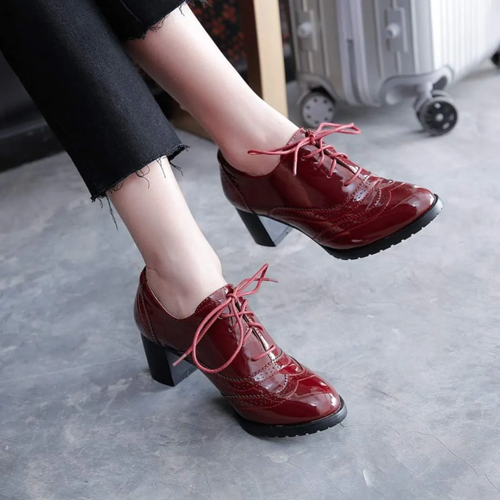 MIOKE Women's Chunky Block Heel Pump Oxfords Wingtip Lace Up Patent Leather Vintage Brogues Dress Shoes