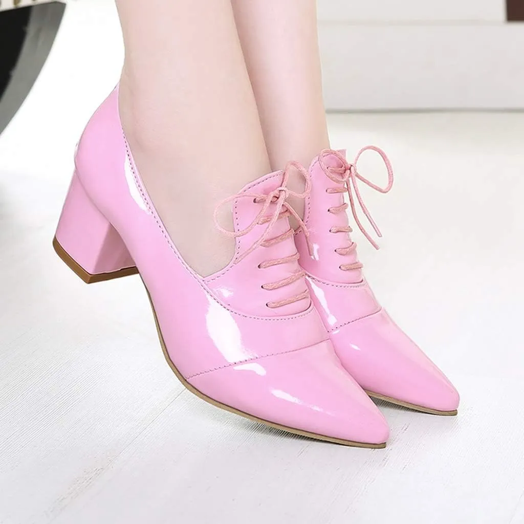 MIOKE Women's Pointed Toe Pump Oxfords Classic Patent Leather Lace Up Comfort Western School Dress Shoes