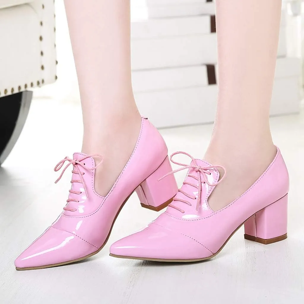 MIOKE Women's Pointed Toe Pump Oxfords Classic Patent Leather Lace Up Comfort Western School Dress Shoes