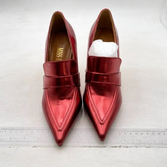 Miss Left Burgundy High Heel Loafer Pumps with Trim Pointed Toe Slip On Shoes