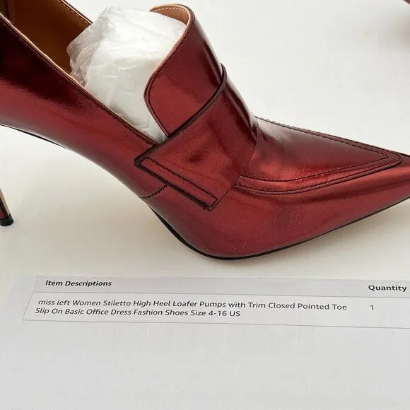 miss left Burgundy High Heel Loafer Pumps with Trim Pointed Toe Slip On Shoes