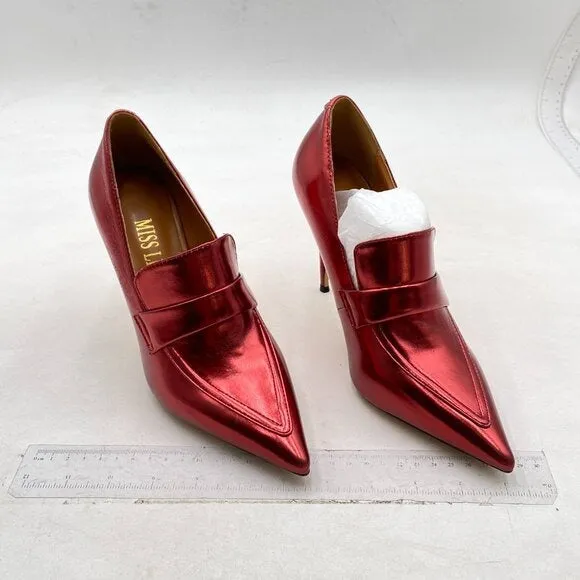 Miss Left Burgundy High Heel Loafer Pumps with Trim Pointed Toe Slip On Shoes
