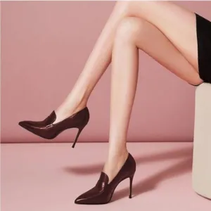 miss left Burgundy High Heel Loafer Pumps with Trim Pointed Toe Slip On Shoes