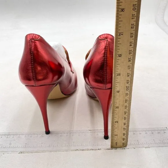 Miss Left Burgundy High Heel Loafer Pumps with Trim Pointed Toe Slip On Shoes