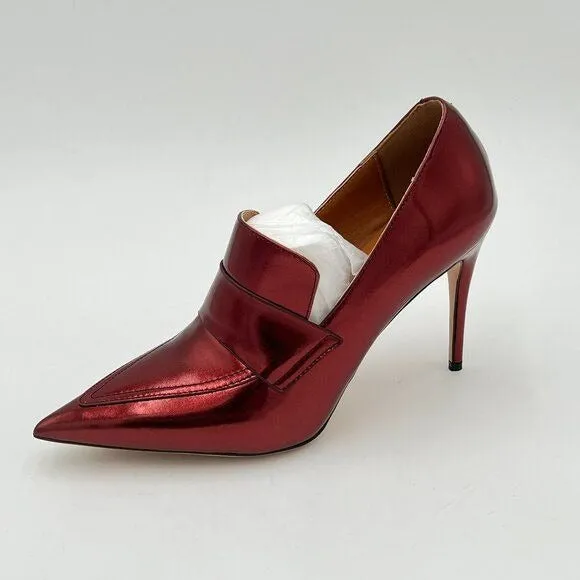 miss left Burgundy High Heel Loafer Pumps with Trim Pointed Toe Slip On Shoes