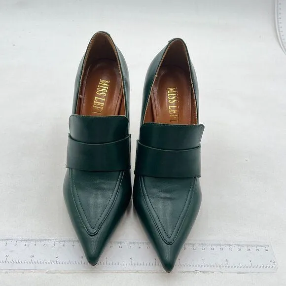 Miss left Green High Heel Loafer Pumps with Trim Closed Pointed Toe Slip On Shoe