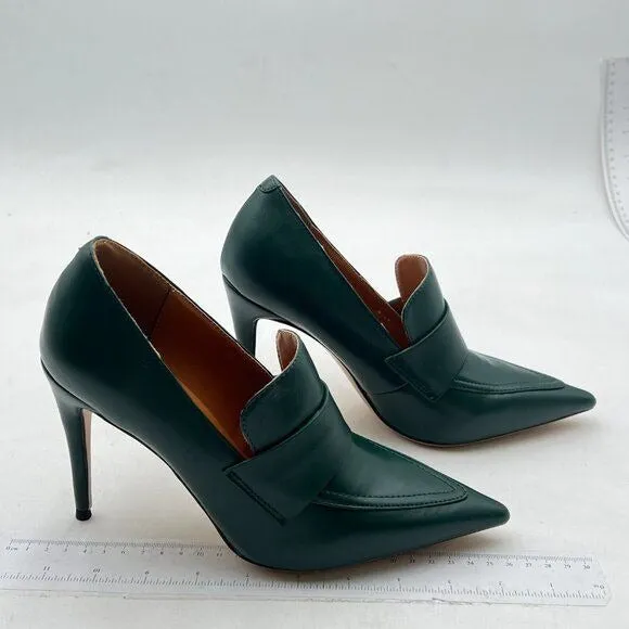 Miss left Green High Heel Loafer Pumps with Trim Closed Pointed Toe Slip On Shoe
