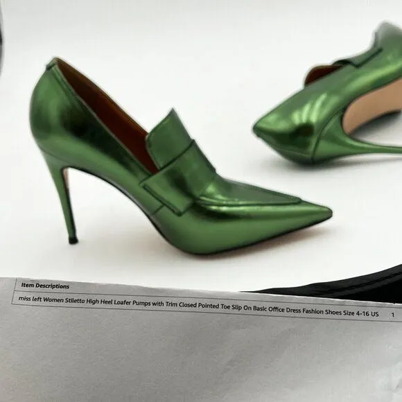 miss left Green High Heel Loafer Pumps with Trim Pointed Toe Slip On Shoes