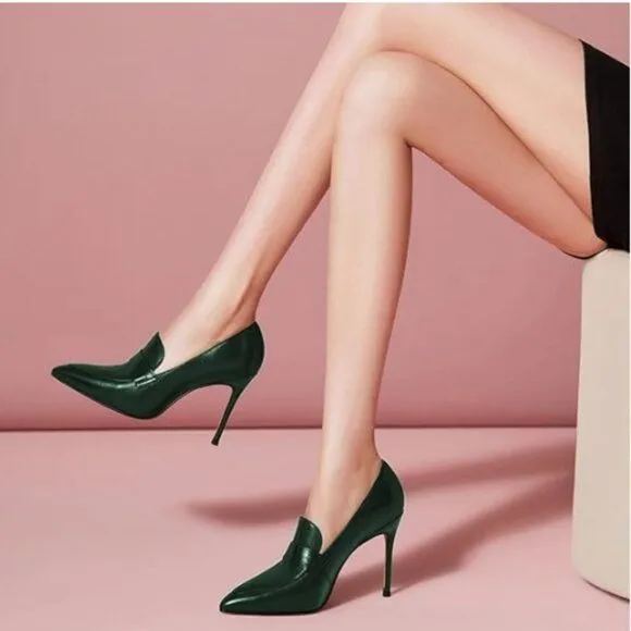 miss left Green High Heel Loafer Pumps with Trim Pointed Toe Slip On Shoes