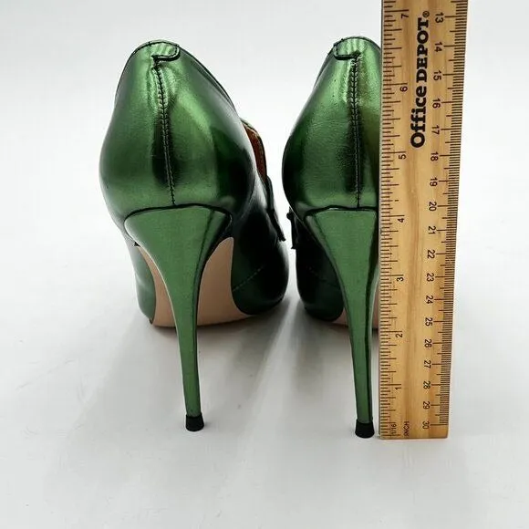miss left Green High Heel Loafer Pumps with Trim Pointed Toe Slip On Shoes