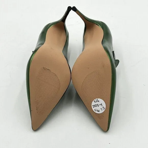 miss left Green High Heel Loafer Pumps with Trim Pointed Toe Slip On Shoes