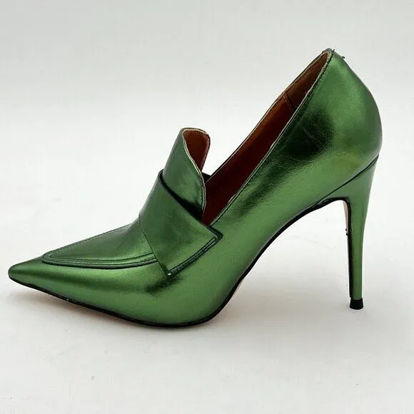 miss left Green High Heel Loafer Pumps with Trim Pointed Toe Slip On Shoes