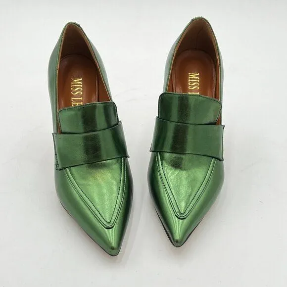 miss left Green High Heel Loafer Pumps with Trim Pointed Toe Slip On Shoes