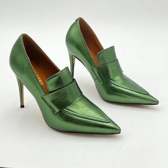 miss left Green High Heel Loafer Pumps with Trim Pointed Toe Slip On Shoes