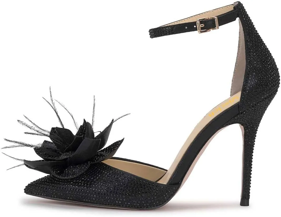 miss left Women Fashion Fur Pointy Toe D'Orsay Pumps with Ankle Strap Flowers Stiletto High Heel Sandals Wedding Event Shoes Size 4-16 US